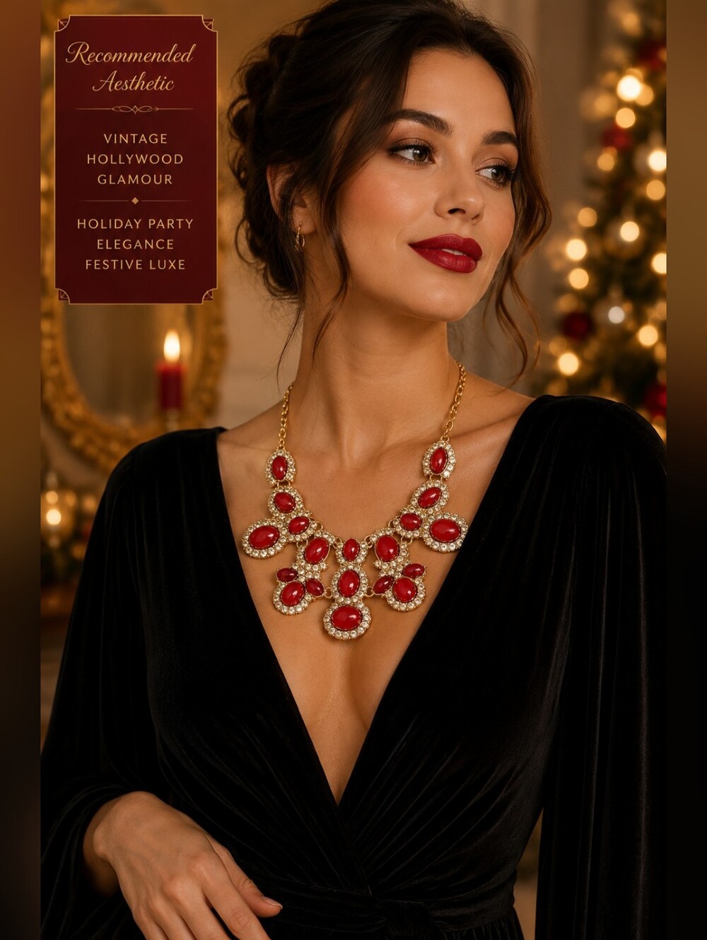 Red Cabochon Statement Bib Necklace Gold Tone Rhinestone Glam Necklace